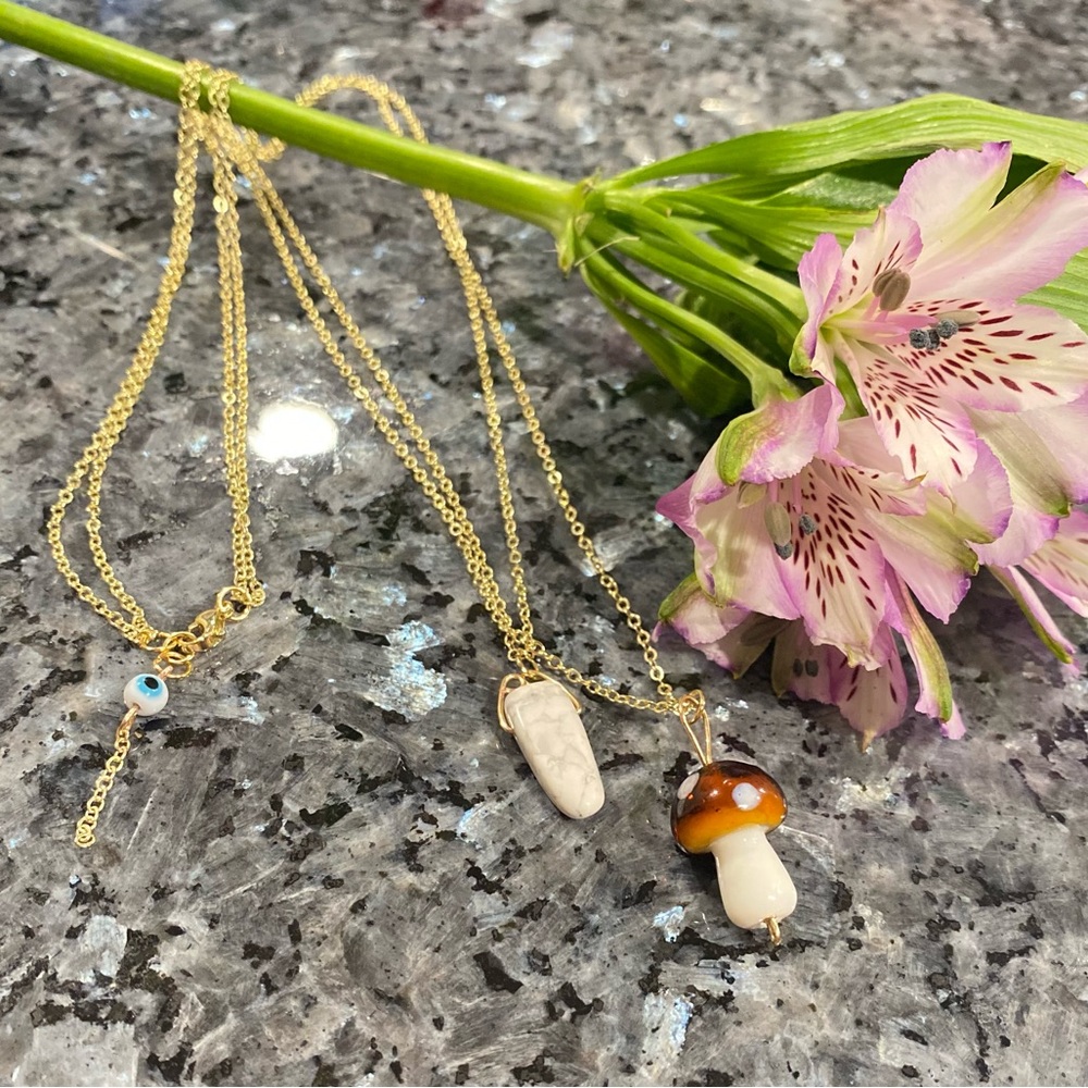 White Howlite and mushroom- 14k gold plated double chain- cottagecore evil eye